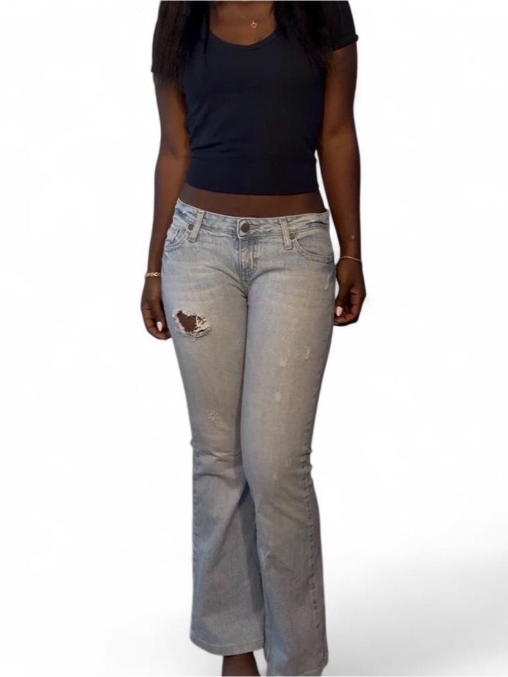 Aeropostale Light Blue Women's Bootcut Jeans with Distressed Knee